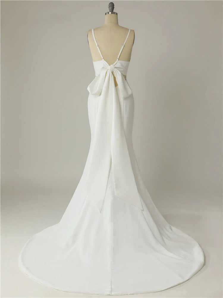 Princess Spaghetti Straps Backless V Neck Mermaid Wedding Dresses Bride Dresses