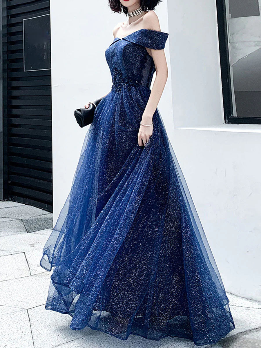 Tulle Long Prom Dress A-Line Tulle Off Shoulder Blue Wedding Party Dresses
