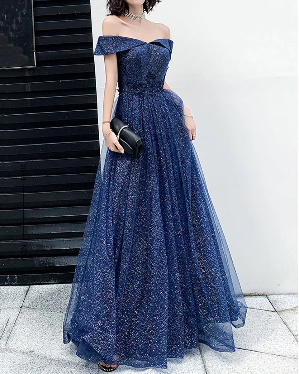 Tulle Long Prom Dress A-Line Tulle Off Shoulder Blue Wedding Party Dresses
