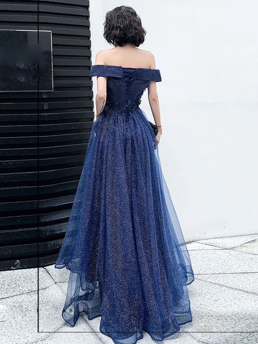 Tulle Long Prom Dress A-Line Tulle Off Shoulder Blue Wedding Party Dresses