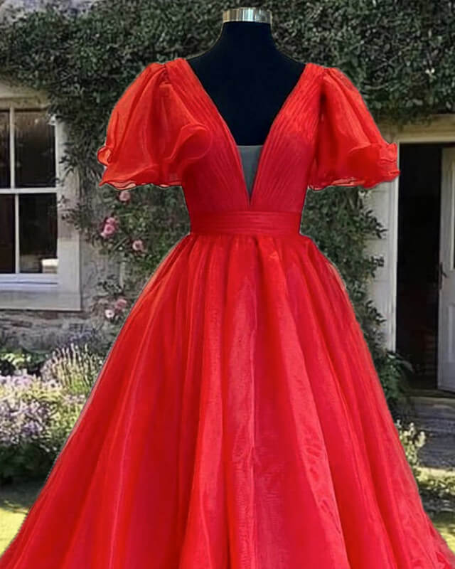 Red Puffy Sleeve Ball Gown V-neck Evening Dress