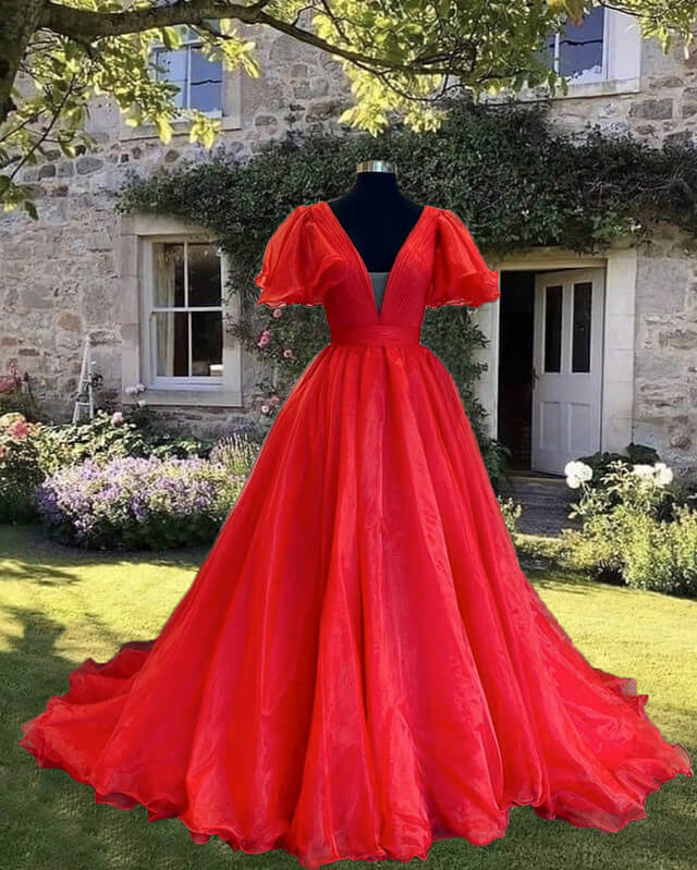 Red Puffy Sleeve Ball Gown V-neck Evening Dress