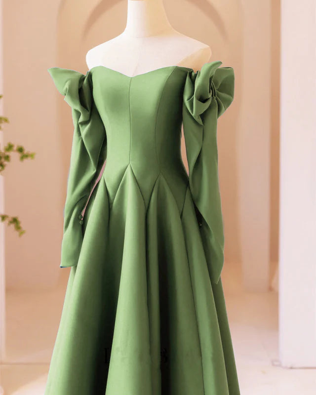 Sage Satin Bow Sleeves Corset Top Evening Dress