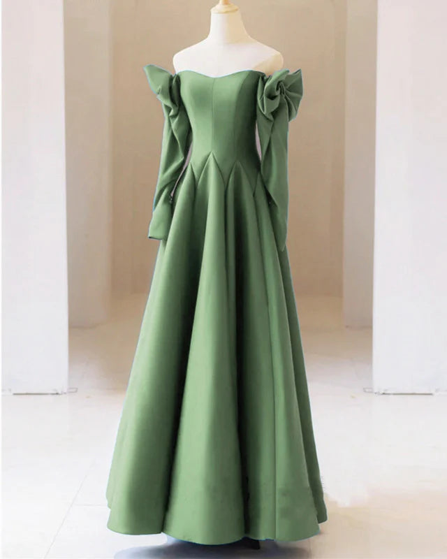 Sage Satin Bow Sleeves Corset Top Evening Dress
