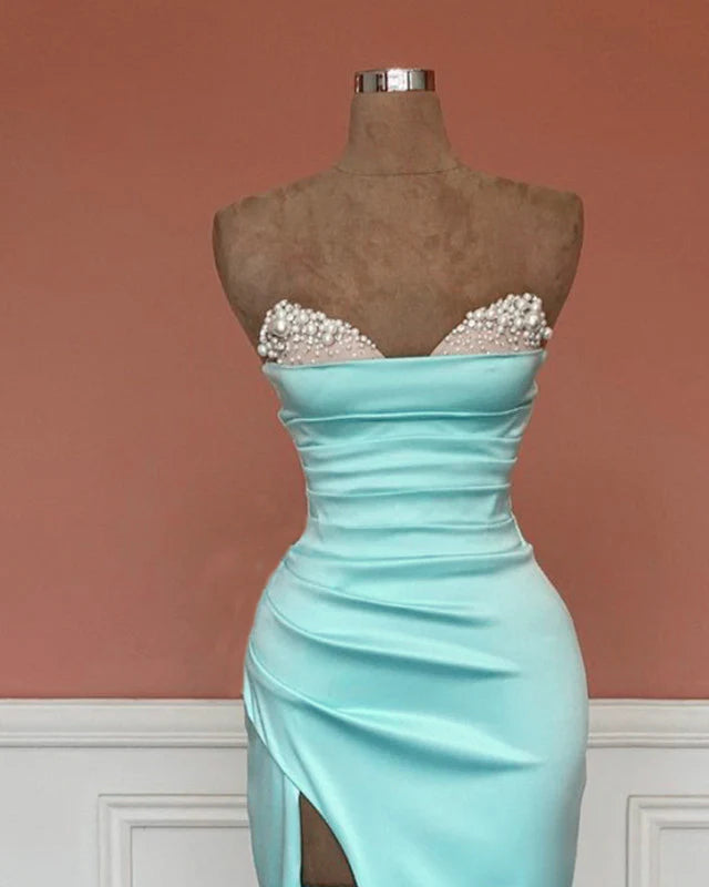 Mermaid Beaded Strapless Blue Satin Split Evening Dress