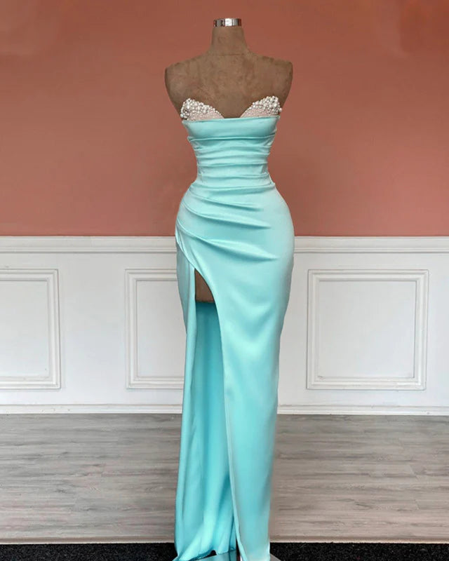 Mermaid Beaded Strapless Blue Satin Split Evening Dress