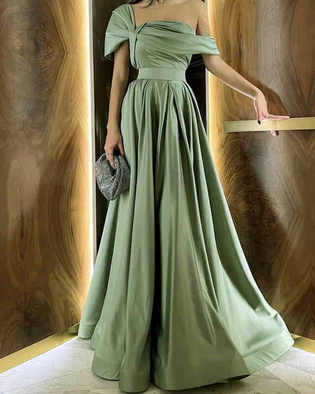 A-line Sage Satin Asymmetrical Neckline Evening Dress