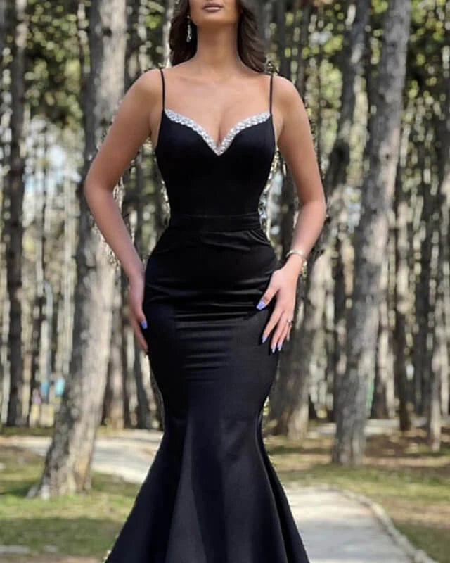 Mermaid Spaghetti Straps Beaded V-neck Satin Evening Dress