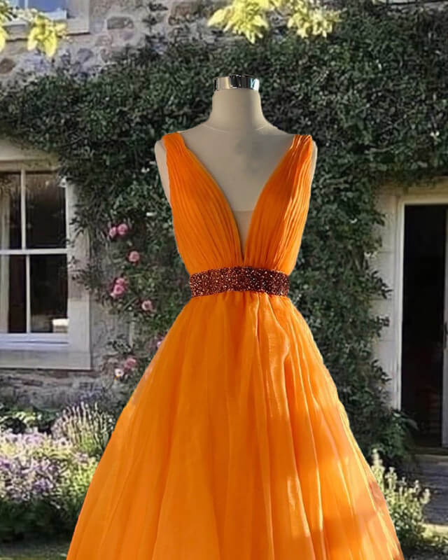 Orange Tulle Plunge Neck Evening Dresses ﻿