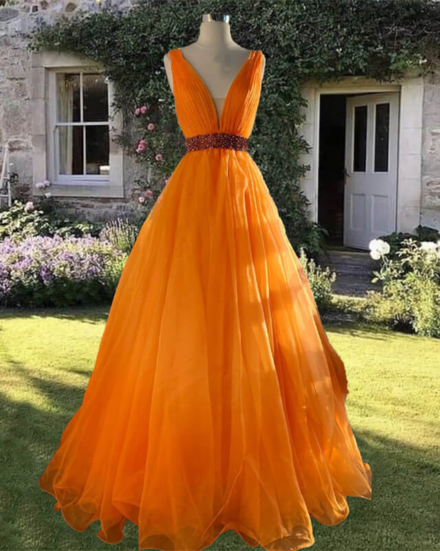 Orange Tulle Plunge Neck Evening Dresses ﻿