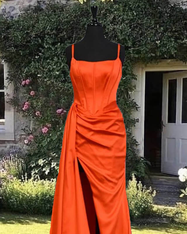 Bright Orange Satin Split Evening Dress