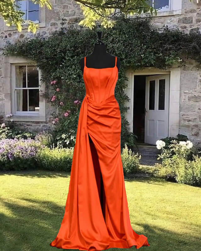 Bright Orange Satin Split Evening Dress