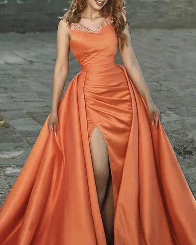 Mermaid Beaded V-neck Orange Satin Evening Dress With Slit