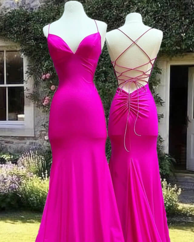 V-neckline Cross-Back Satin Evening Dress