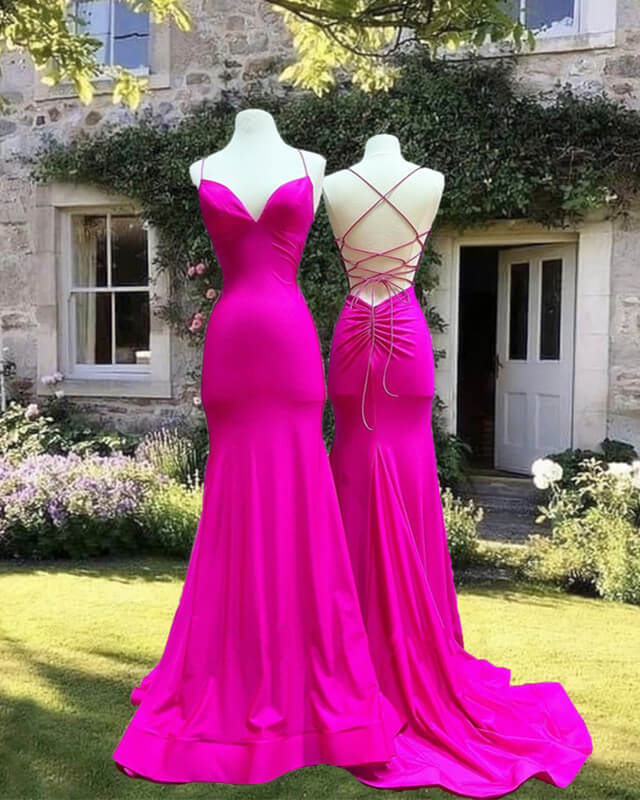 V-neckline Cross-Back Satin Evening Dress