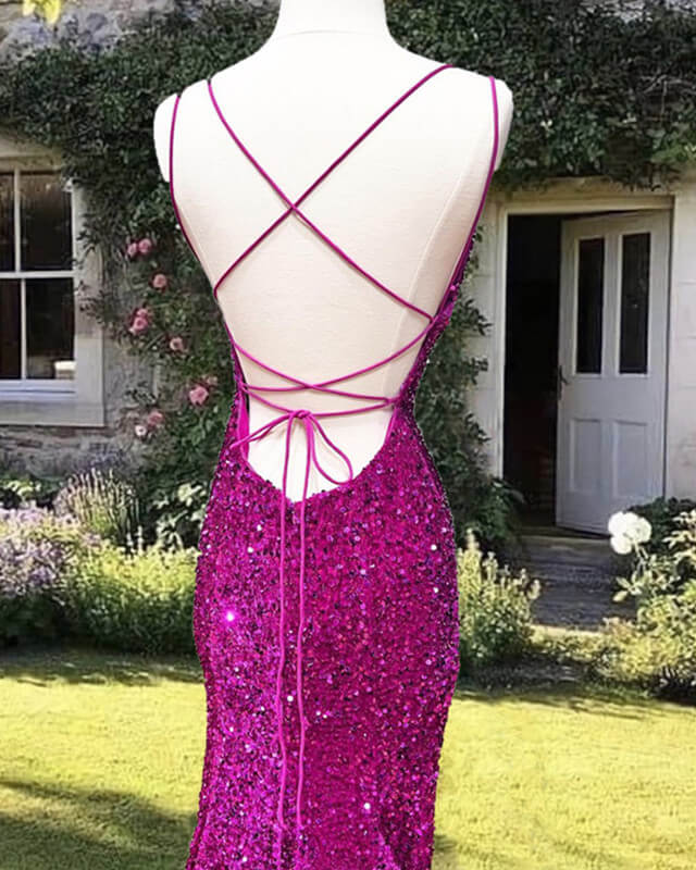 Mermaid Fuchsia Sequin Open Back Evening Dress