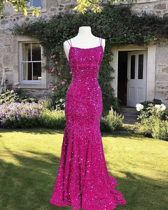 Mermaid Fuchsia Sequin Open Back Evening Dress