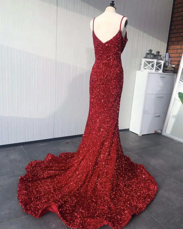Mermaid Red Spaghetti Straps Velvet Sequin Evening Dress
