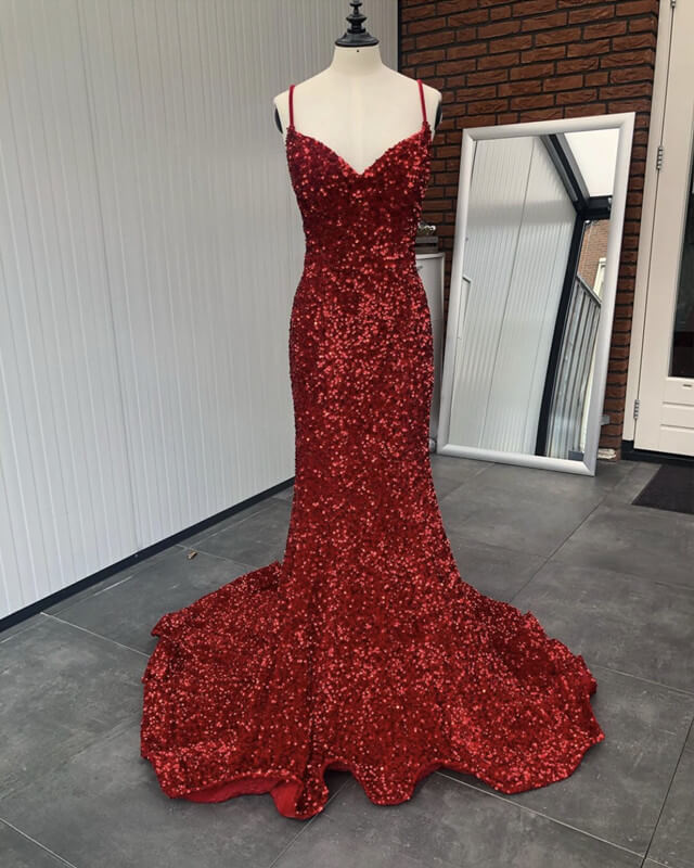 Mermaid Red Spaghetti Straps Velvet Sequin Evening Dress