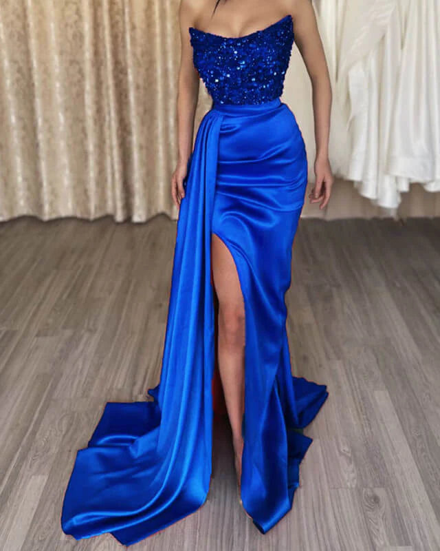 Royal Blue Strapless Sequin Satin Slit Evening Dress