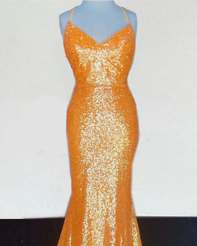 Mermaid Orange Sequin V Neck Evening Dress