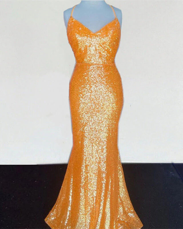 Mermaid Orange Sequin V Neck Evening Dress