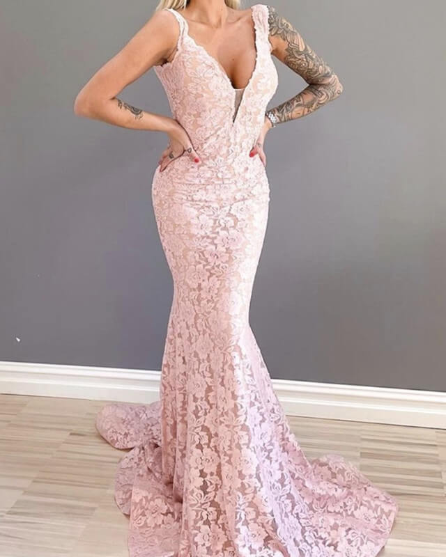 Mermaid Blush Lace V-neck Evening Dress