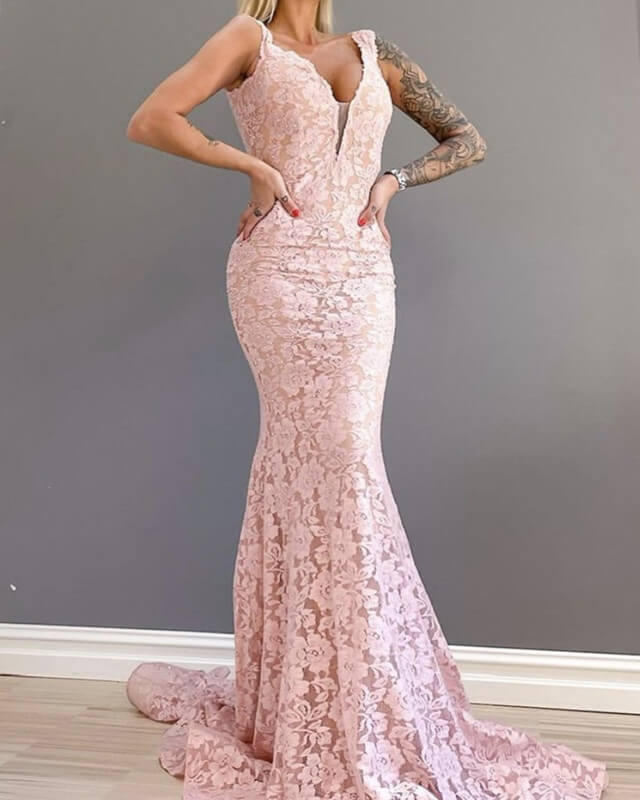 Mermaid Blush Lace V-neck Evening Dress