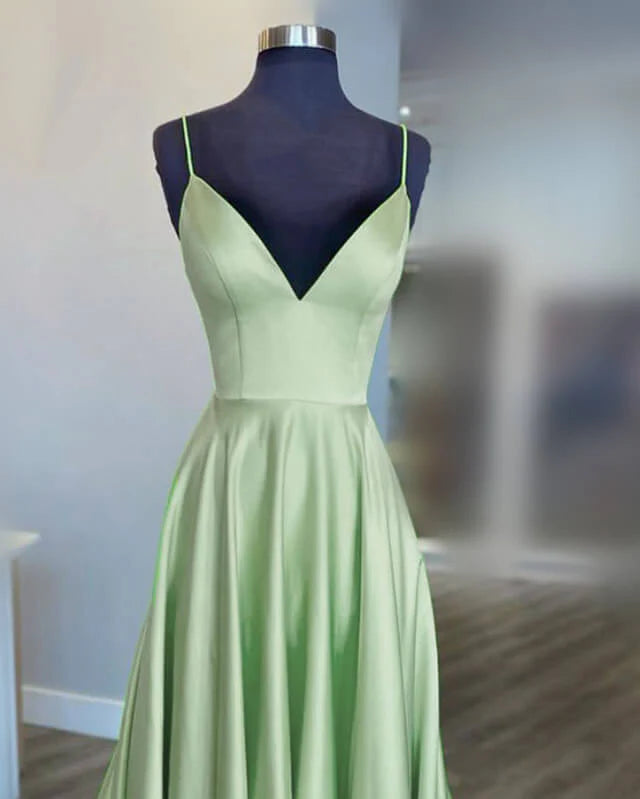 Long Sage Green V Neck Satin Evening Dress
