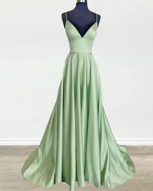 Long Sage Green V Neck Satin Evening Dress