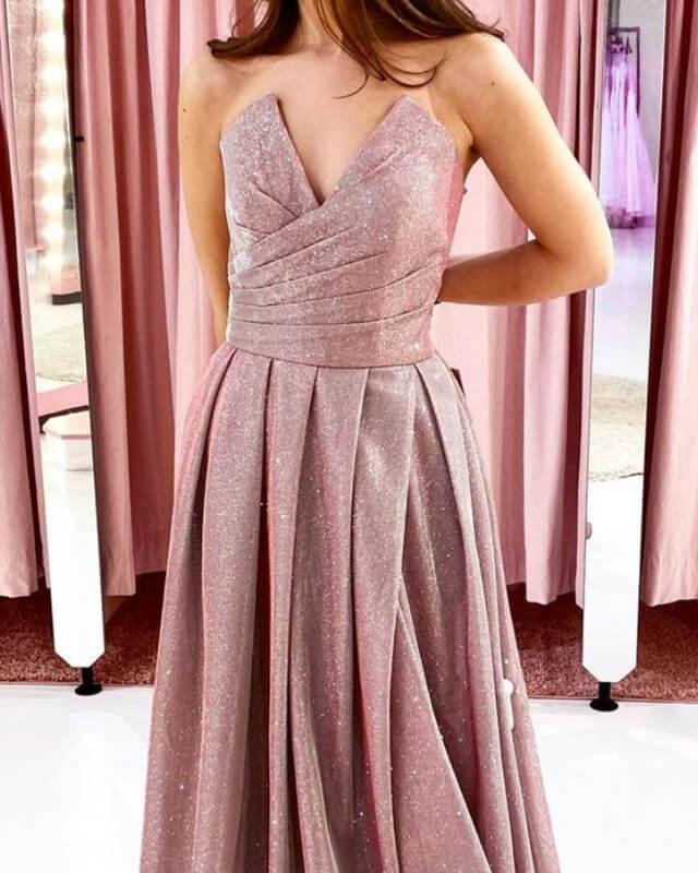 Light Pink Glitter Long Strapless Evening Dress
