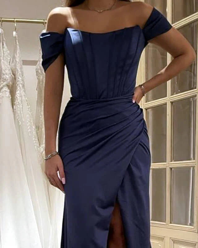 Long Dark Blue Slit Satin Corset Evening Dress