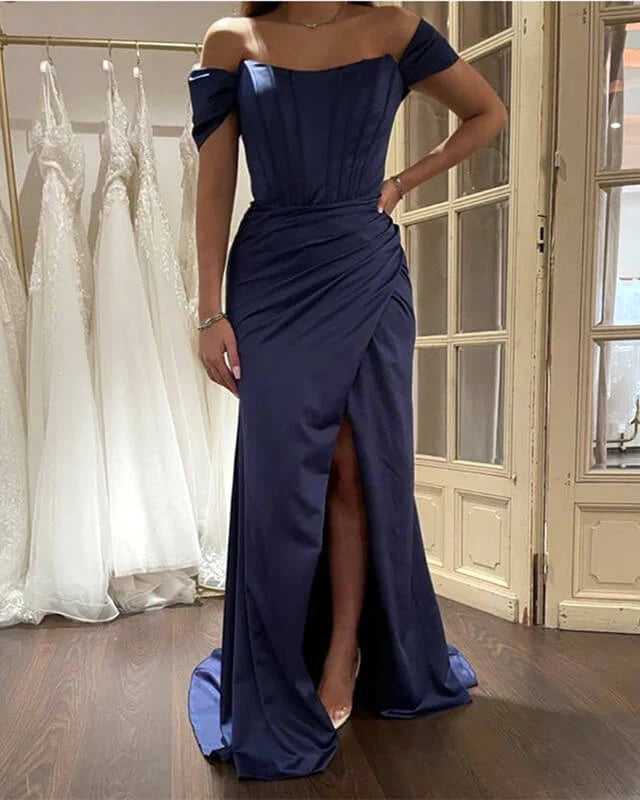 Long Dark Blue Slit Satin Corset Evening Dress