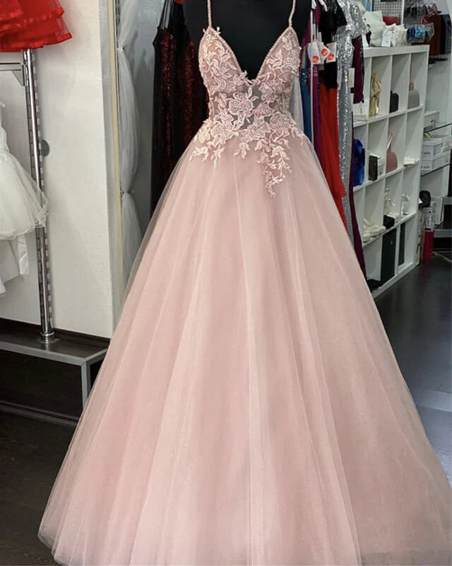 Pearl Pink Tulle Evening Dresses V Neck Appliques