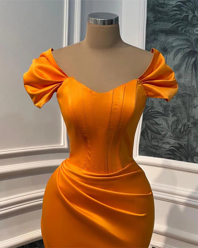 Mermaid Orange Satin Cap Sleeve Slit Evening Dress
