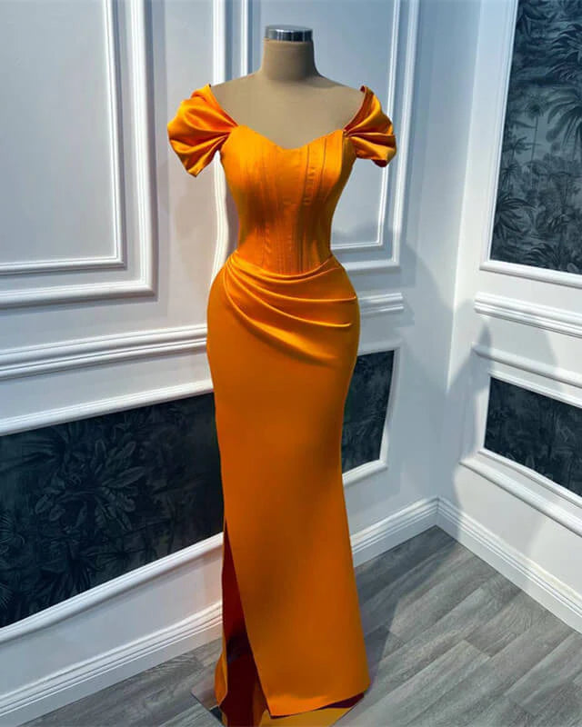 Mermaid Orange Satin Cap Sleeve Slit Evening Dress