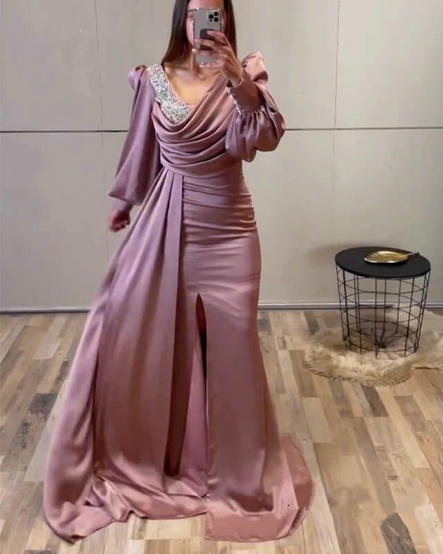 Mermaid Rose Satin Long Sleeve Evening Dress