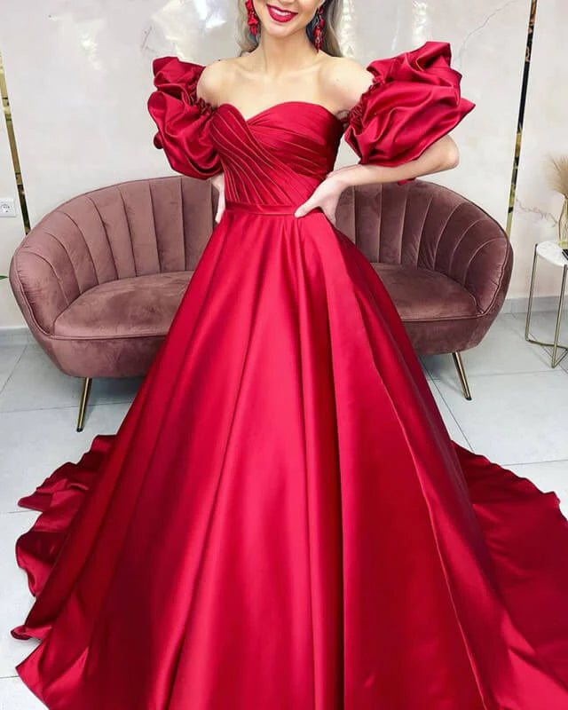 Red Removable Sleeve Ball Gown Satin Evening Dress