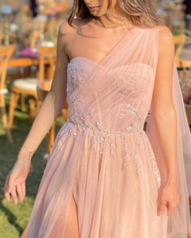Pink Tulle One Shoulder Split Corset Evening Dress
