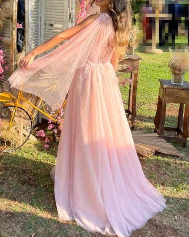 Pink Tulle One Shoulder Split Corset Evening Dress