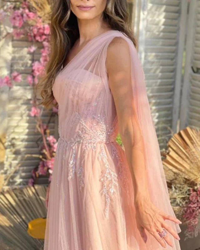 Pink Tulle One Shoulder Split Corset Evening Dress