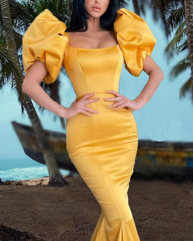 Mermaid Bright Yellow Puffy Sleeve Satin Evening Dress