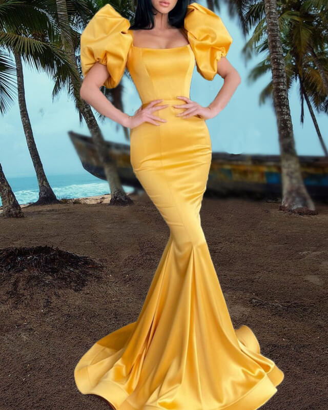 Mermaid Bright Yellow Puffy Sleeve Satin Evening Dress