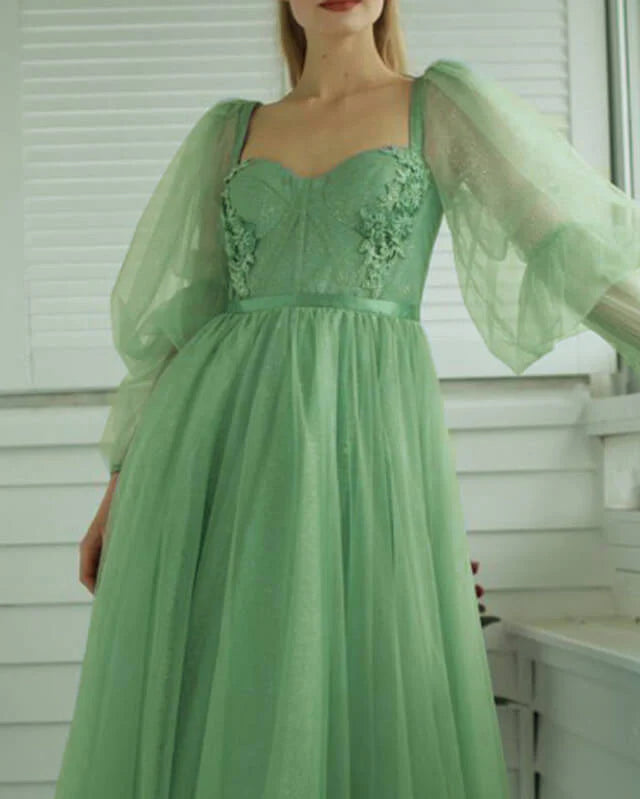 Light Green Tulle Cottagecore Corset Evening Dress