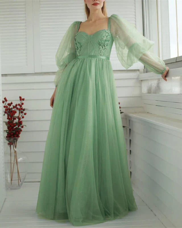 Light Green Tulle Cottagecore Corset Evening Dress