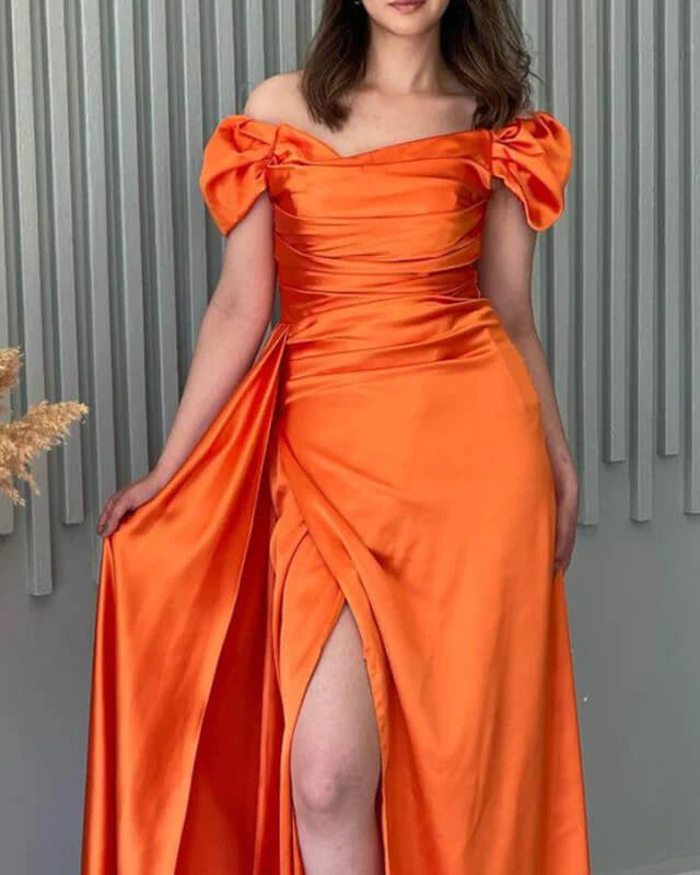 Mermair Satin Off The Shoulder Slit Evening Dress