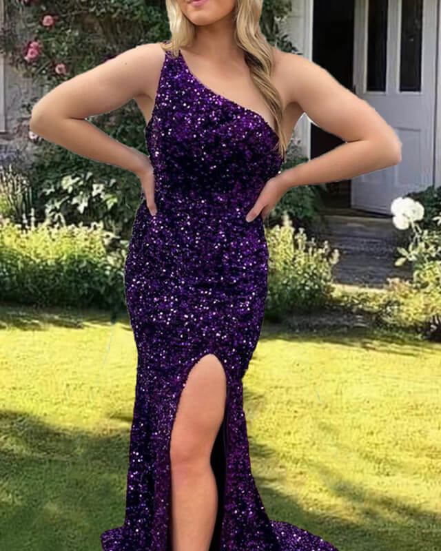 Mermaid Purple Sequin One Shoulder Slit Evening Dress