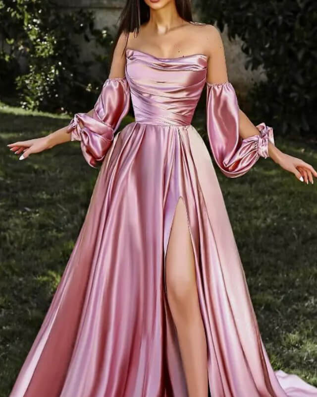Long Strapless Removable Satin Evening Dress With Slit