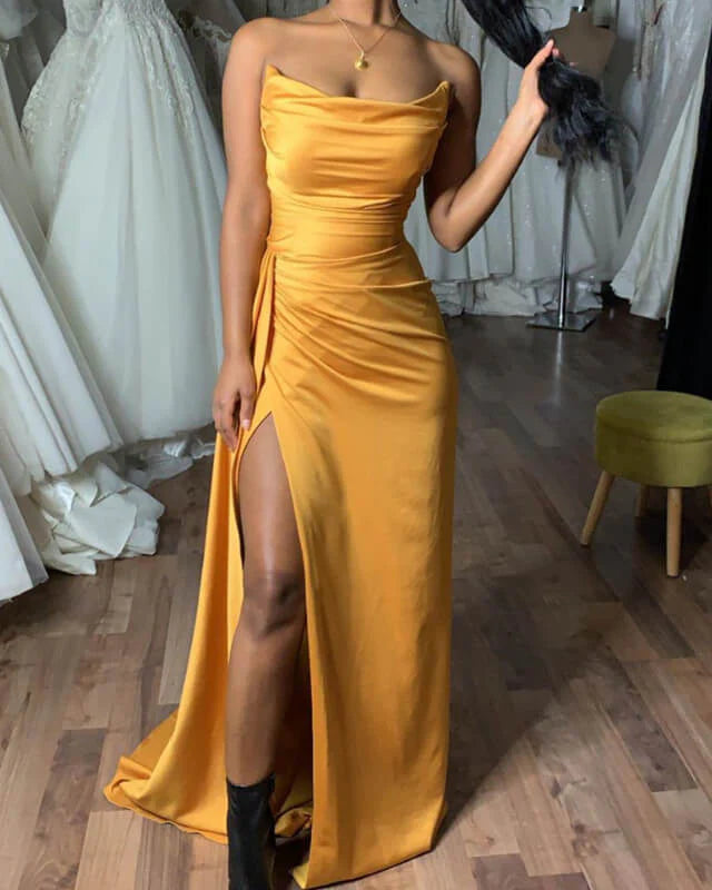 Mermaid Gold Strapless Slit Evening Dress