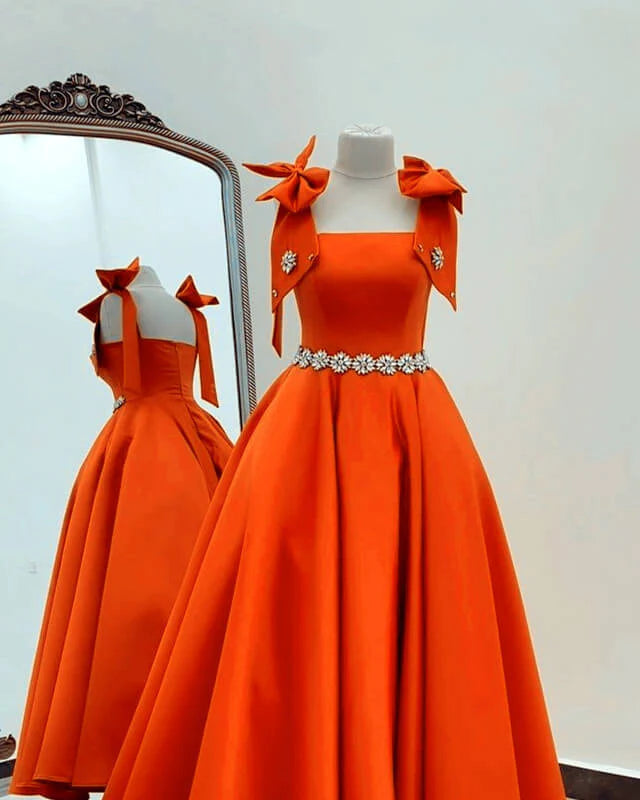 Ball Gown Orange Satin Evening Dress With Straps